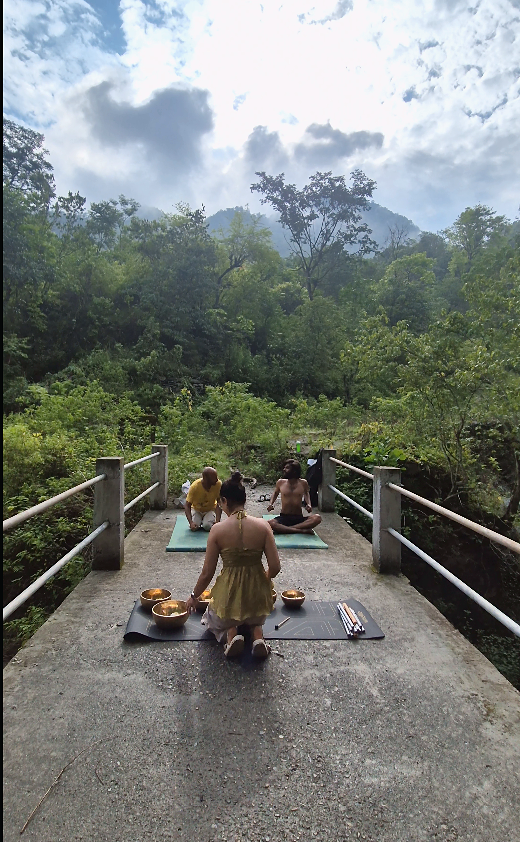 Yoga practice in the green Rishikesh foothills